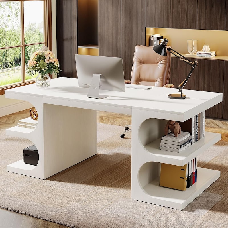 Large Computer Desk with Storage Shelf, 62” Wood Executive Desk - White