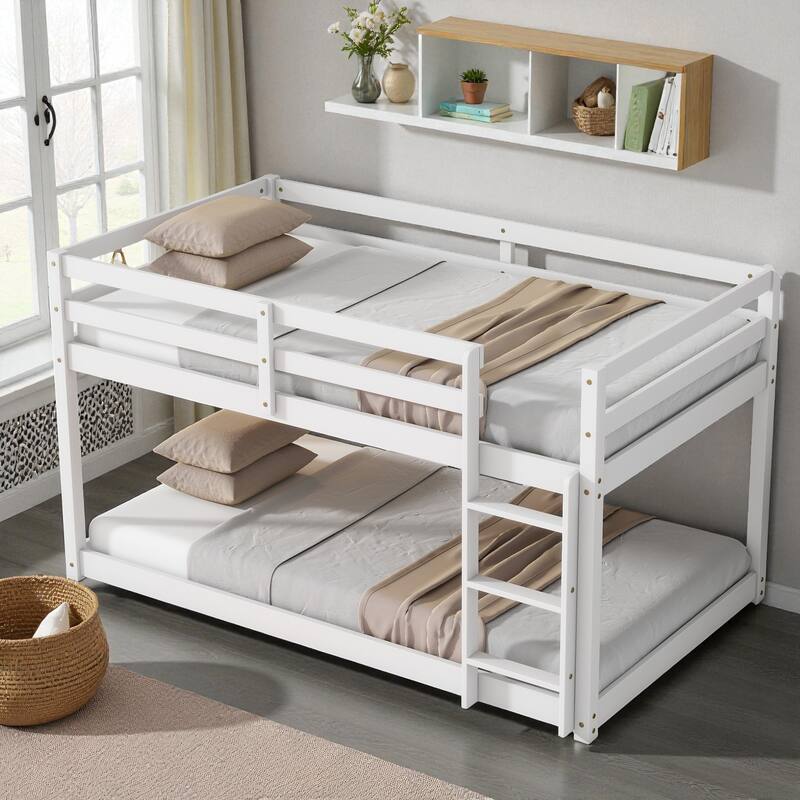 Solid Rubber Wood Twin Over Twin Floor Bunk Bed with Ladder, Low Height Design and Strengthened Slat Support