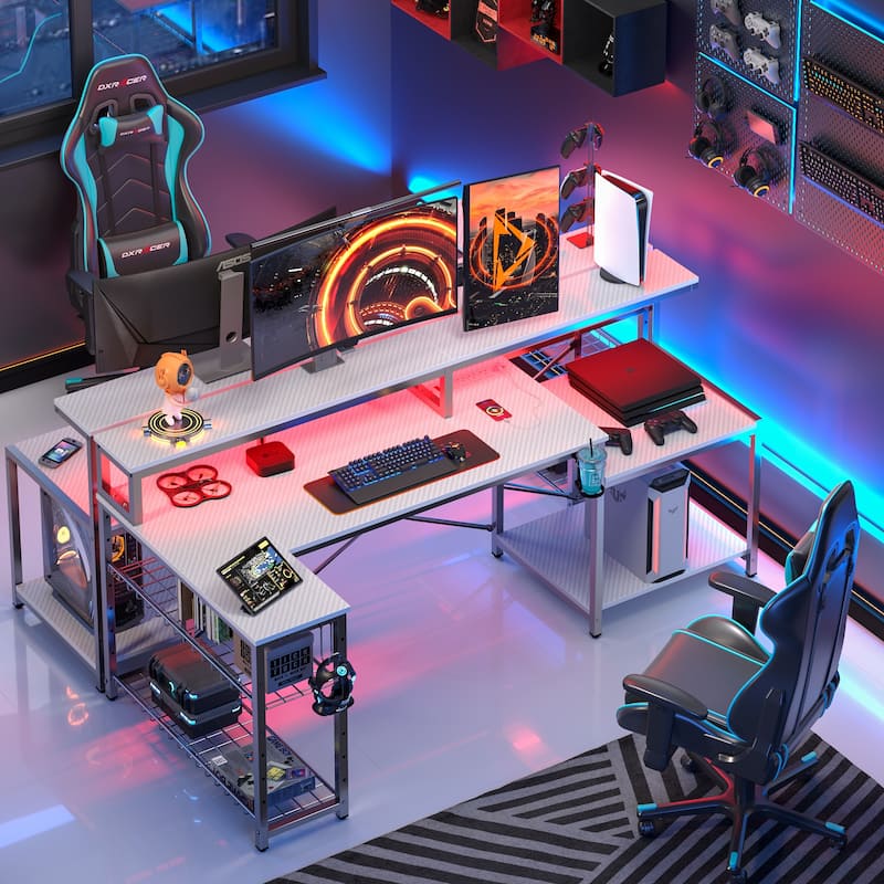 Bestier 71.5“” Computer Desk with Power Outlets, L Shaped LED Home Office Desk with Long Monitor Stand and Cup Holder & Hooks