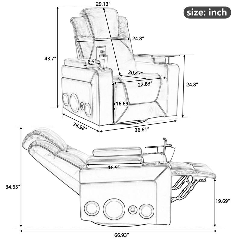 270 Degree Swivel PU Leather Power Recliner Individual Seat Home Theater Recliner with Surround Sound， Removable Tray Table
