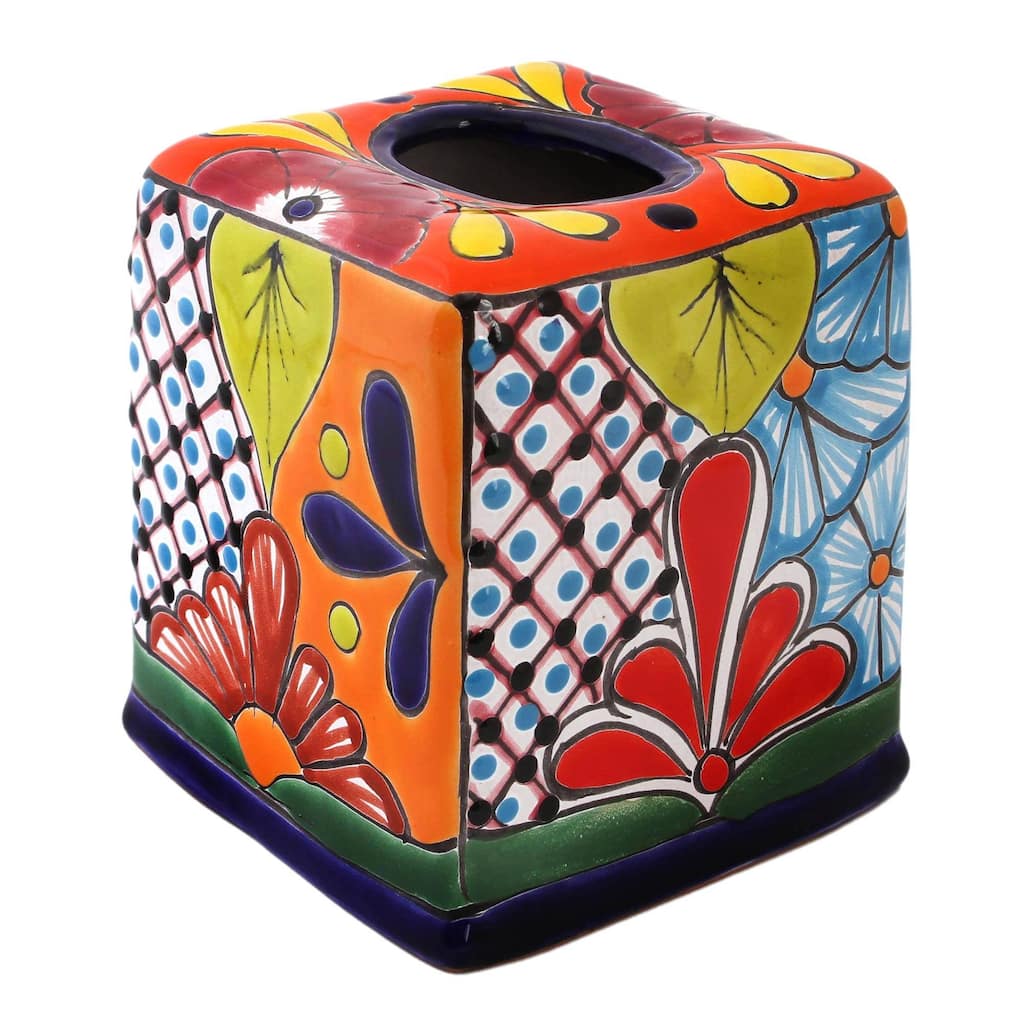 Handmade Folk Art Convenience Ceramic Tissue Box Cover (Mexico) - 6" H x 5.75" W x 5.5" D