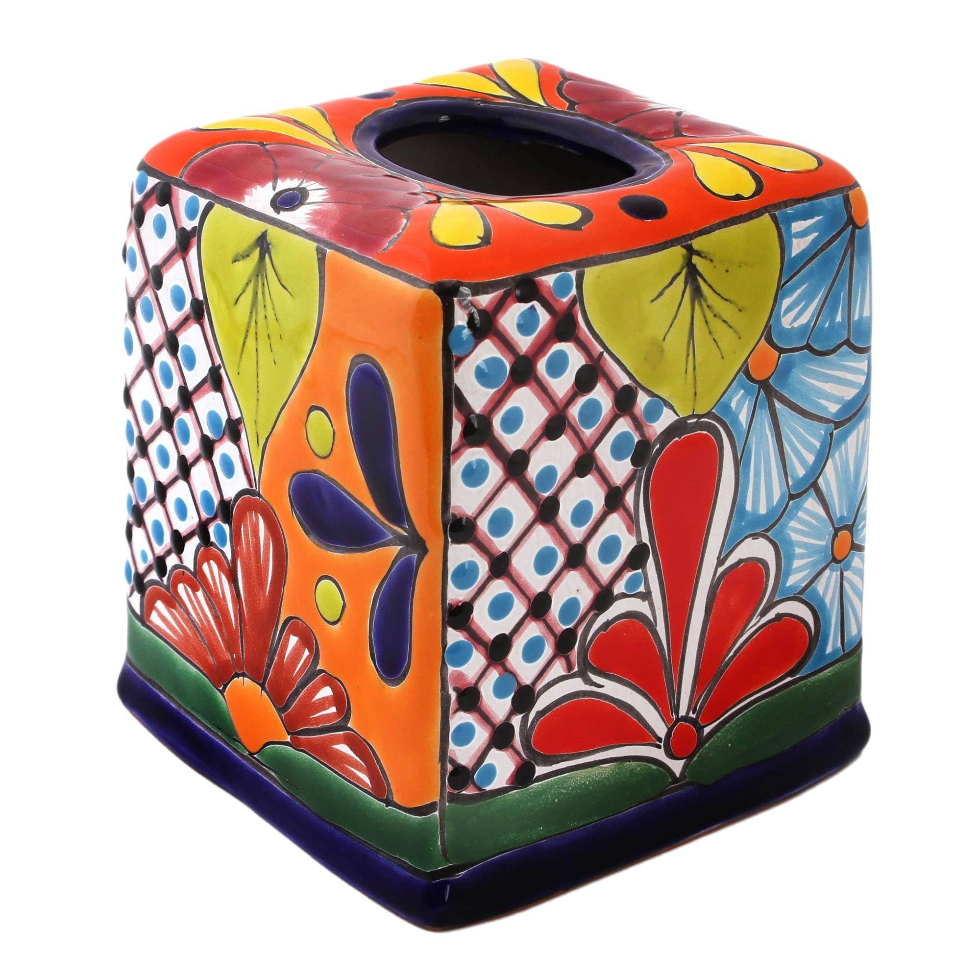 Handmade Folk Art Convenience Ceramic Tissue Box Cover (Mexico) - 6" H x 5.75" W x 5.5" D