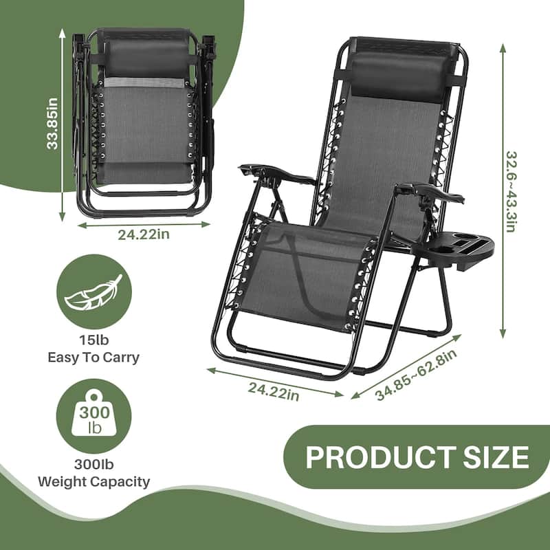 Set of 2 Folding Reclining Lounge Chair, Outdoor Zero Gravity Recliner W/Side Tray & Detachable Headrest Pillow