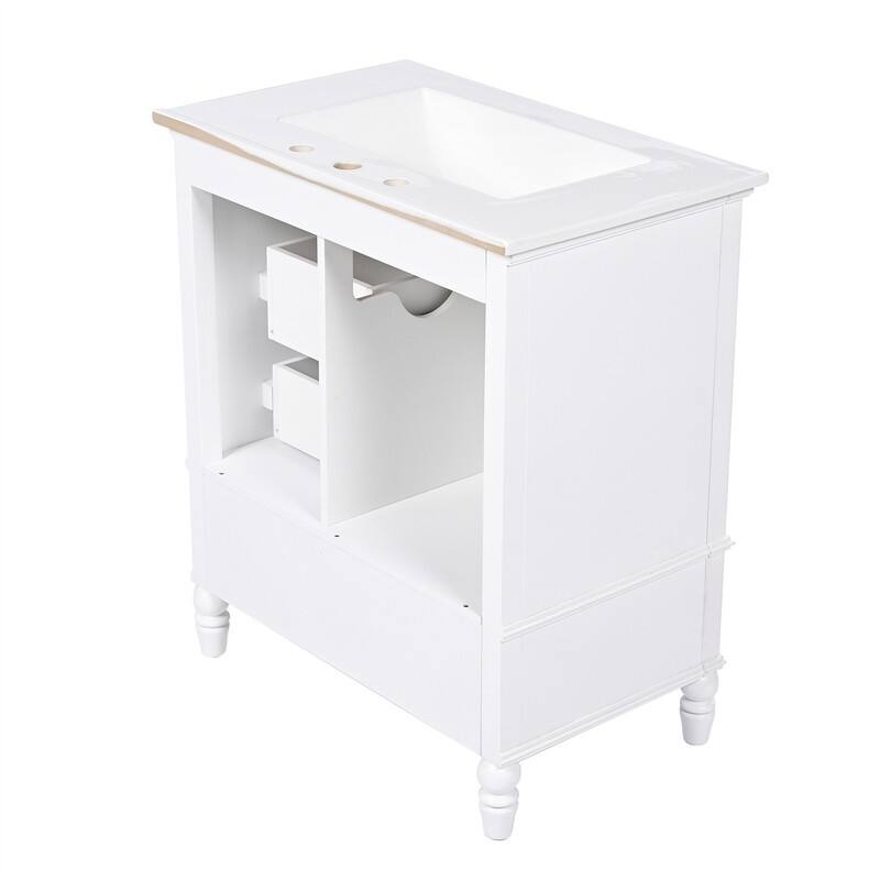 30" Bathroom Vanity with Ceramic Sink Top, Modern Bathroom Storage Cabinet with 1 Door, 3 Drawers and Solid Wood Legs
