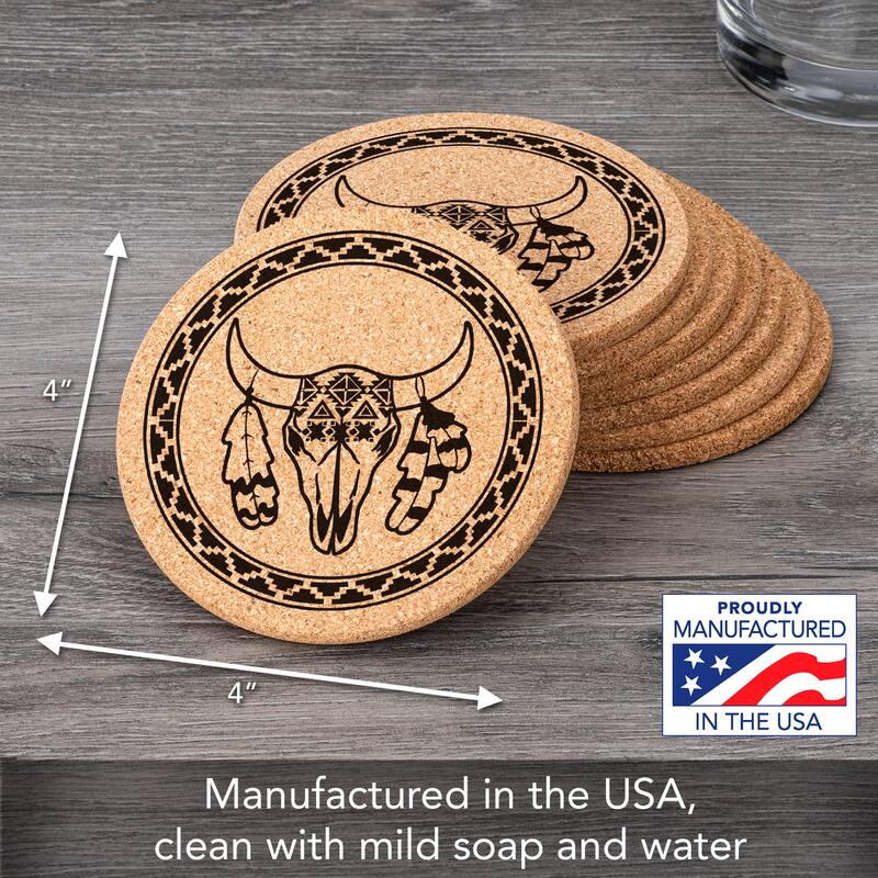 Cow Skull 4 Pack Absorbent Cork Coaster Made in The USA 4" Round