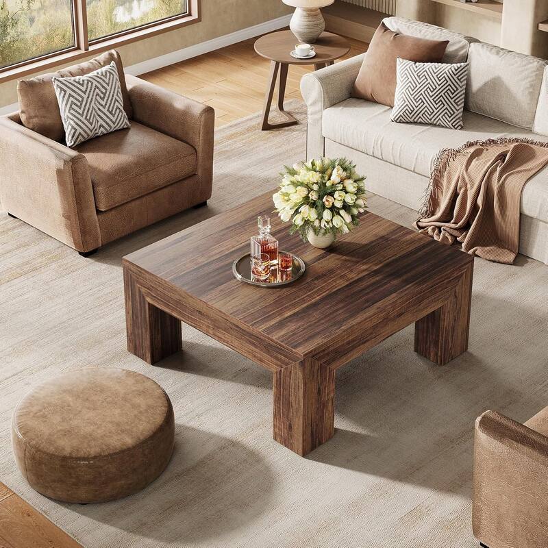 39.4-Inch Square Coffee Table for Living Room, Farmhouse Accent Center Cocktail Table with Sturdy Wooden Legs
