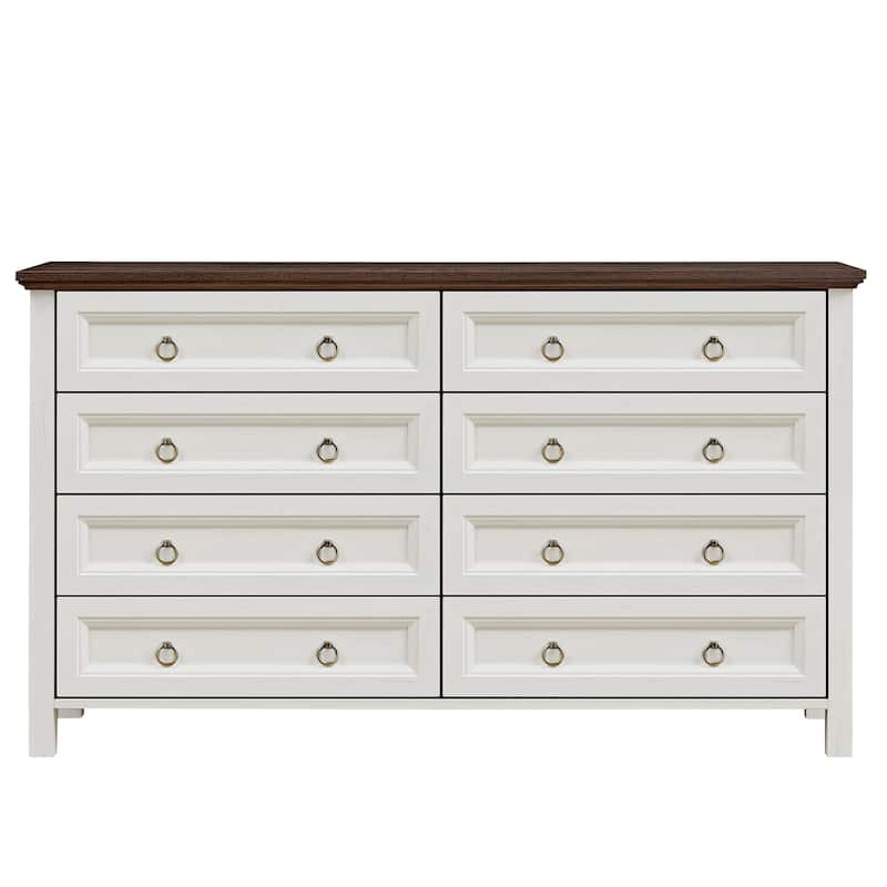 Anmytek White and Walnut 8 Drawer Dresser Chest for Bedroom - Farmhouse Organizer Storage