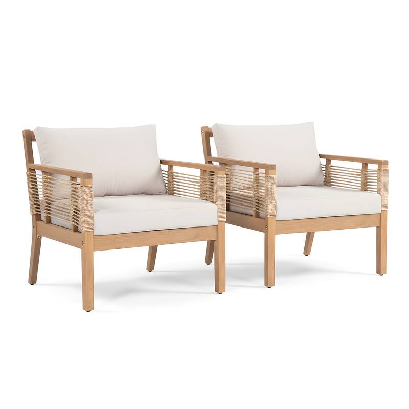 Roomfitters Set of 2 Patio Club Chairs, Outdoor Wood Lounge Chair with Upholstered Cushions, Rope Weave, Teak+ Beige