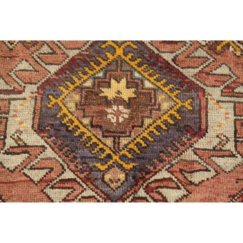 Hand Knotted Oriental 100% Wool Carpet Traditional Geometric Oranges & Rust Heriz Runner Rug - 12' 11'' X 3' 9''