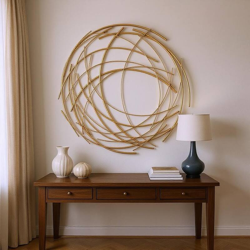 HomeRoots 26" X 26" Gold Abstract Metal Circle Hanging Dimensional Sculpture - Gold - 25.50 in. x 25.50 in.  x 0.50 in.