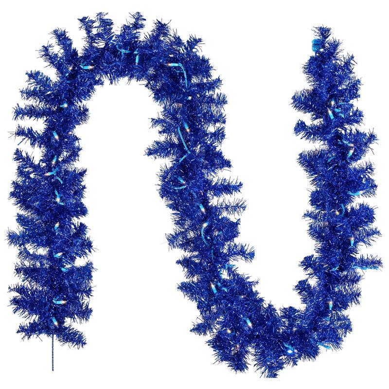 Pre-Lit Artificial Tinsel Christmas Garland - 9' x 8" - Blue - Clear Lights