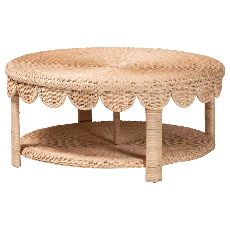 Latoya Natural Rattan Coffee Table - Handwoven Round Wicker Table with Scalloped Apron and Lower Shelf, Coastal Boho Style - Natural Brown