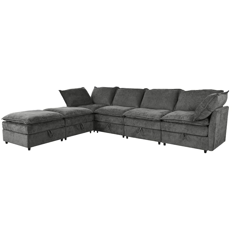 6-Piece Modular Sofa Bed 126" with Under-Seat Storage, Faux Cushions