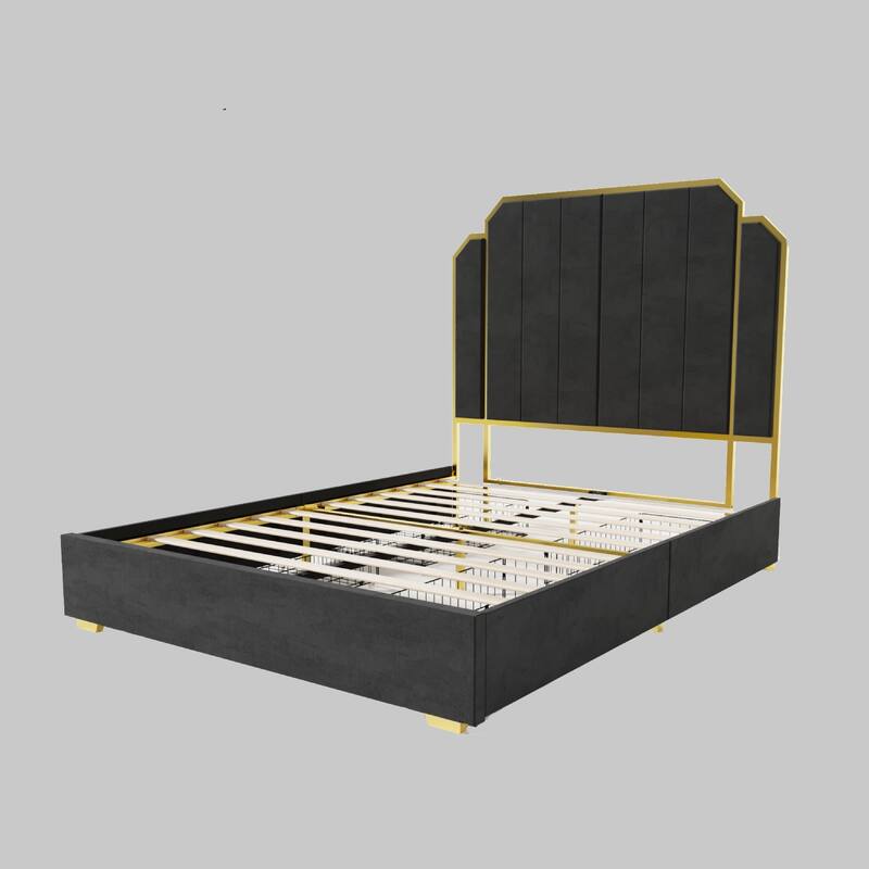 Modern Queen Size Bed Frame with Velvet Upholstery, Gold-Plated Accents, 59" Headboard - Black - Queen