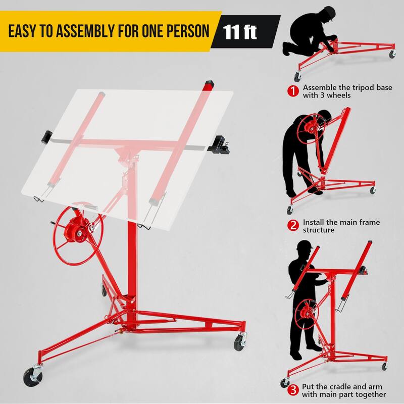 Drywall Lift 11FT, 150lb Capacity Heavy Duty Sheetrock Hoist w/Telescopic Arm & Locking Wheels, Steel Panel Lifter