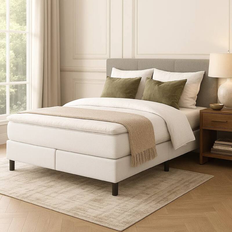 Yeri Full Size Bed Frame, White Faux Leather, Low Profile Legs