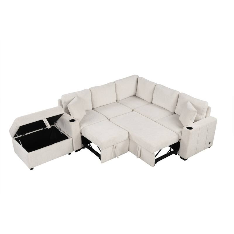 84.7" Modern L-shaped Sectional Sofa Set with a Movable Storage Ottoman and Pull-out Sofa