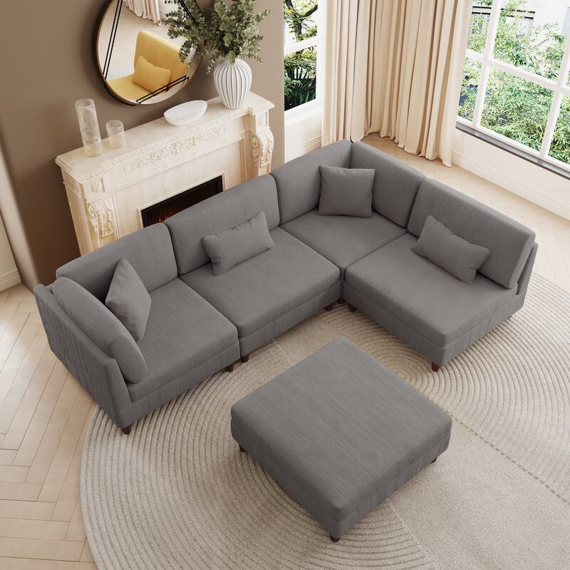 Corduroy Convertible Couch Modular Sectional Sofa with Ottoman