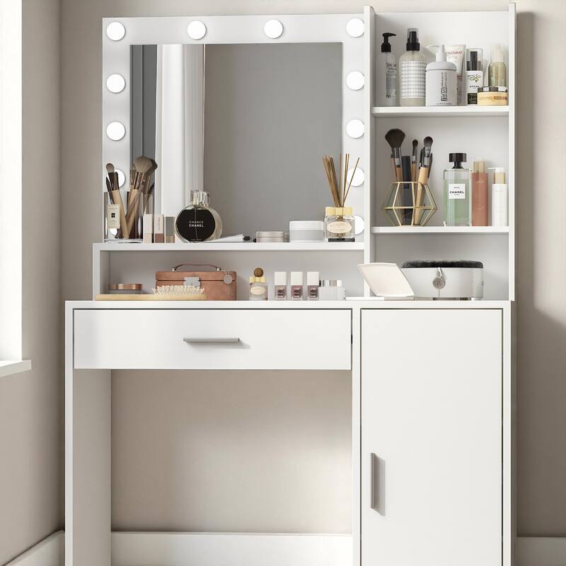 Makeup Vanity Table with Mirror Lights, Adjustable Brightness, Shelves and Drawer, 35.4" Dressing Table