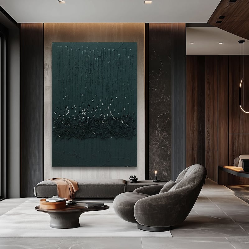 Teal Green Charcoal Hand Painted Abstract Modern Textured Canvas Art