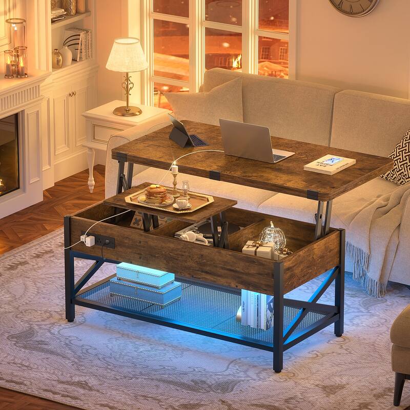 Expandable Lift Top Coffee Table Converts to Dining Table with LED Light and Power Outlet - 39 in. W X 41.73 in. L X 26.6 in. H