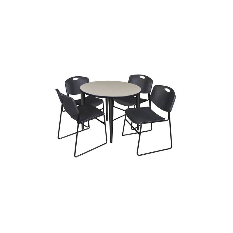 42 in. Round Breakroom Table- Maple Top, Black Base & 4 Stack Chairs- Black