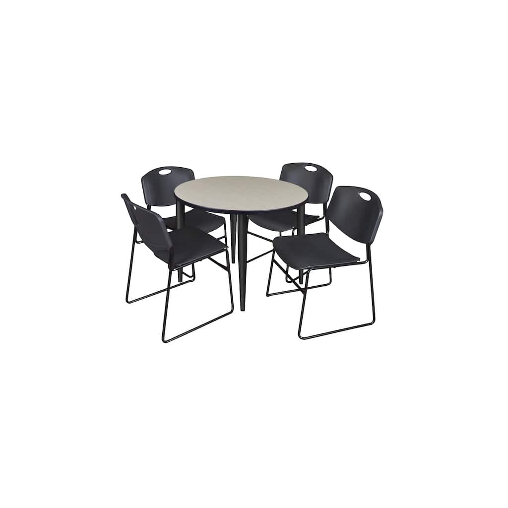 42 in. Round Breakroom Table- Maple Top, Black Base & 4 Stack Chairs- Black