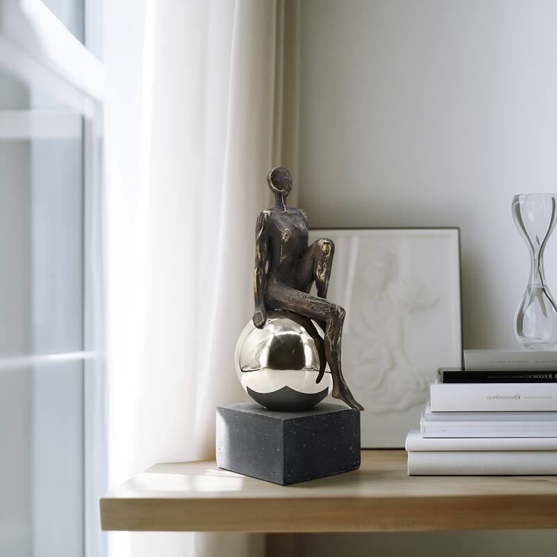 Sagebrook Home's Augustonia Statuary, 15-inch Resin and Stainless Steel Figurine and Sphere, Modern Home Decor - 7" x 5" x 15" - 7" x 5" x 15" - Gold