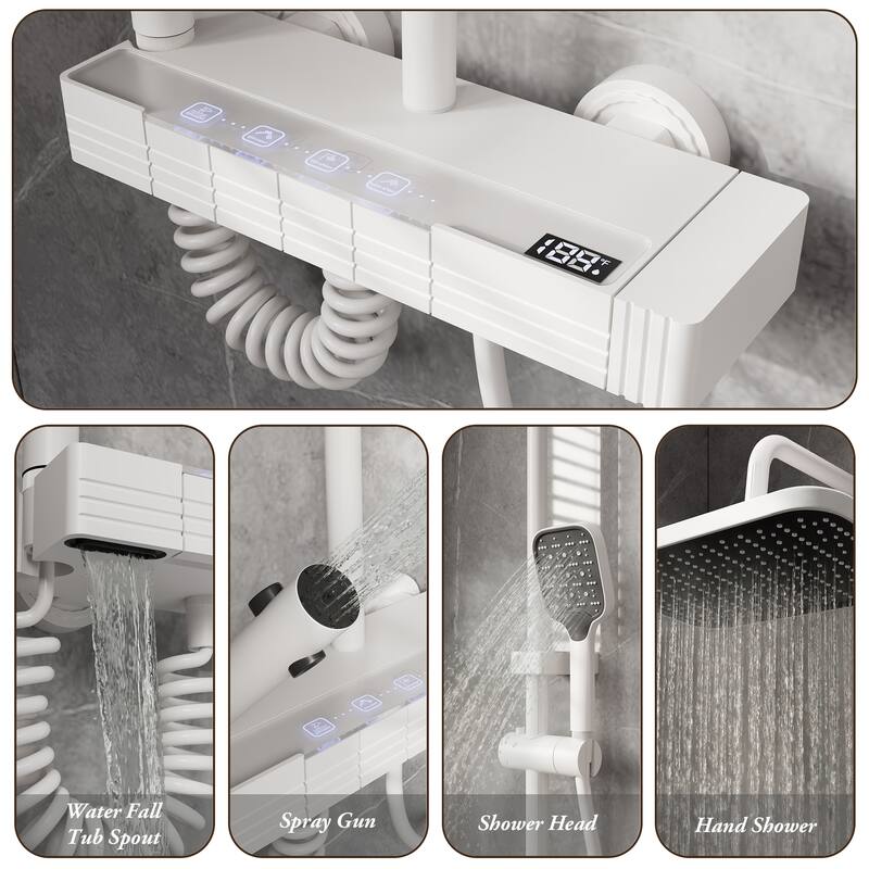 White Thermostatic Shower System with Digital Display, 4 Function Rainfall Shower Head CEC Certified Aluminum Shower Faucet Set