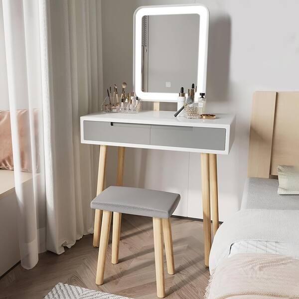 dressing table set grey with 3 Lighting Modes Mirror, Silent Slide Drawers, and Free Makeup Organizer in Grey+White - Bed Bath & Beyond Number