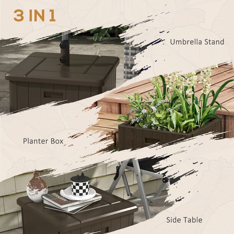 3-in-1 Outdoor Umbrella Base with Wheels, End Table, and Planter, 175 lbs. Capacity, Brown