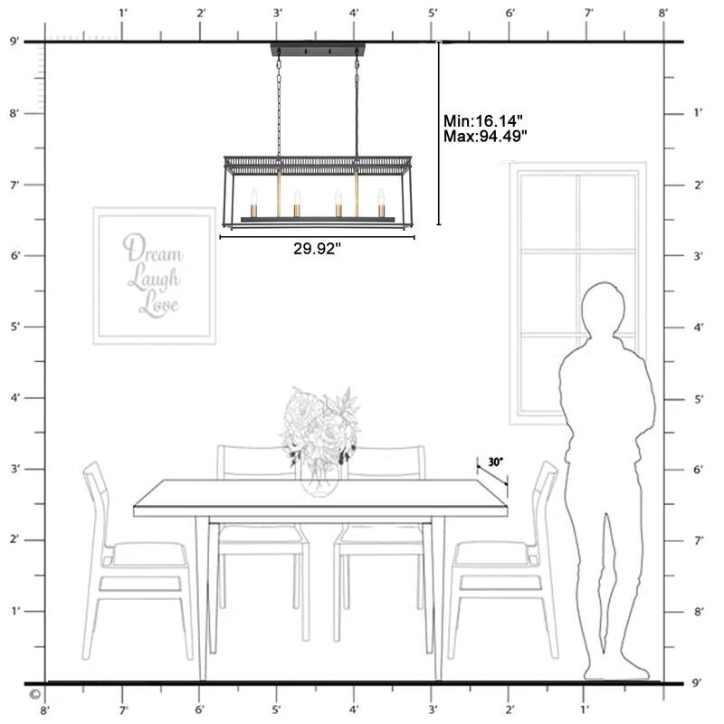 4-Light Black Industrial Rectangular Caged Chandelier Kitchen Island - Dia.29.92-in