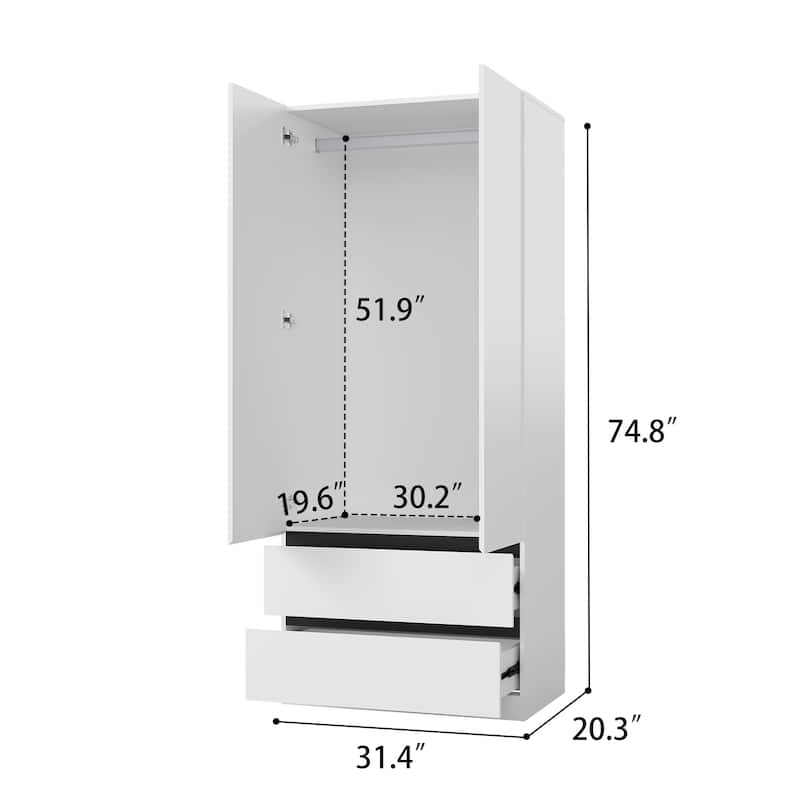 75" Large Modular Armoire with 2 Drawers, Clothes Organizer Closet with Storage Shelves
