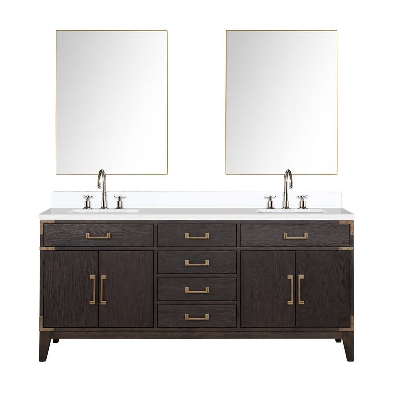Laurel 60 in W x 22 in D Black Oak Double Bath Vanity, White Quartz Top, Faucet Set, and 28 in Mirrors