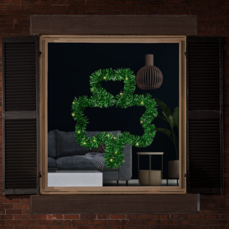LED Lighted Tinsel Shamrock St. Patrick's Day Window Silhouette - 25" - Green