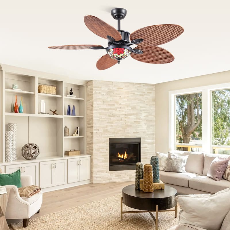 50" TiffanyTropical Ceiling Fan with 5 Palm Leaf Bllades and Vintage Cover Waterproof for Indoor and Outdoor Patio