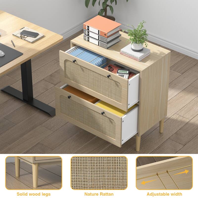 Anmytek Wood Rattan 2 Drawer Lateral File Cabinet with Adjustable Hanging Bar for Letter / A4 / Legal Size Files