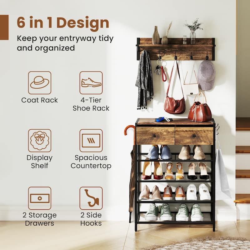 Gymax 5-Tier Shoe Rack w/ Wall-Mounted Coat Rack Hooks Drawers &
