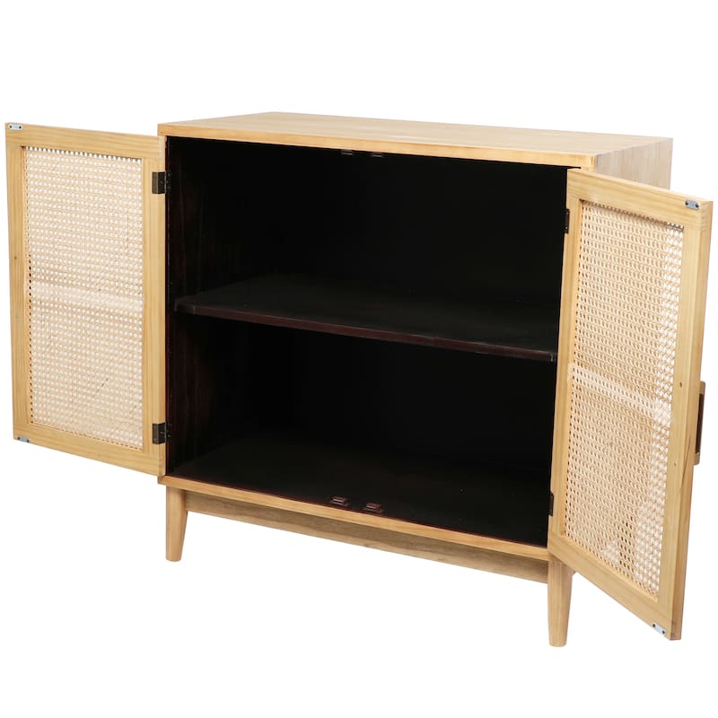 Wood 2 Door Cabinet with Beige Rattan Doors and Gold Handles - Light Brown or or Black - Roche River Decor