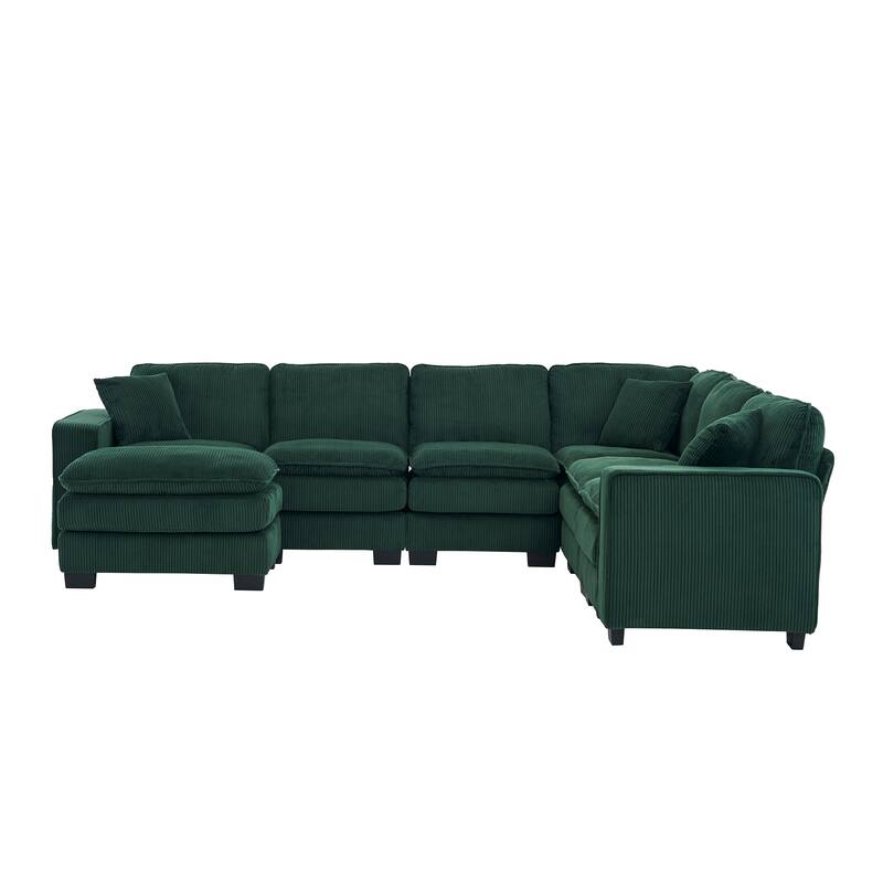 Modern U Shaped 6-seat Sectional Corduroy Sofa Couch with one Ottoman and three toss pillows ,Modular Sofa for Living Room