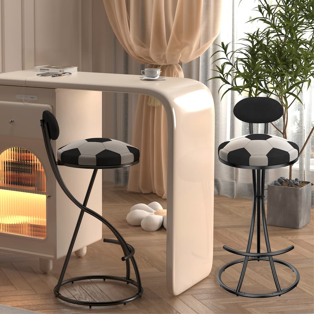 Upholstered S-shaped Barstools Set of 2 Velvet Counter Bar Stools Football Print Round Dining Stool