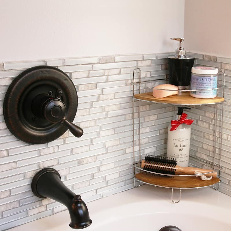 Corner Bathroom Organizer Storage Tower 3 or 2 Shelves Bamboo Black Metal