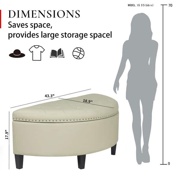 dimension image slide 3 of 8, Adeco Half Moon Storage Ottoman Semi Circle Bench