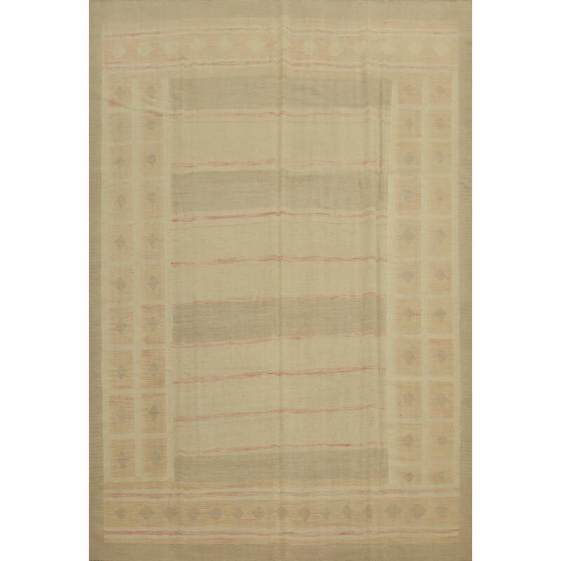 Hand Woven Oriental 100% Wool Carpet Southwestern Tribal Beige & Ivories Kilim Area Rug - 9' 10'' X 7' 10''