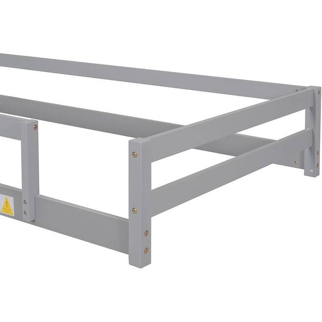 Pine Wood Floor Bed Frame with House Shaped Headboard Full-Length Guardrails Twin Size