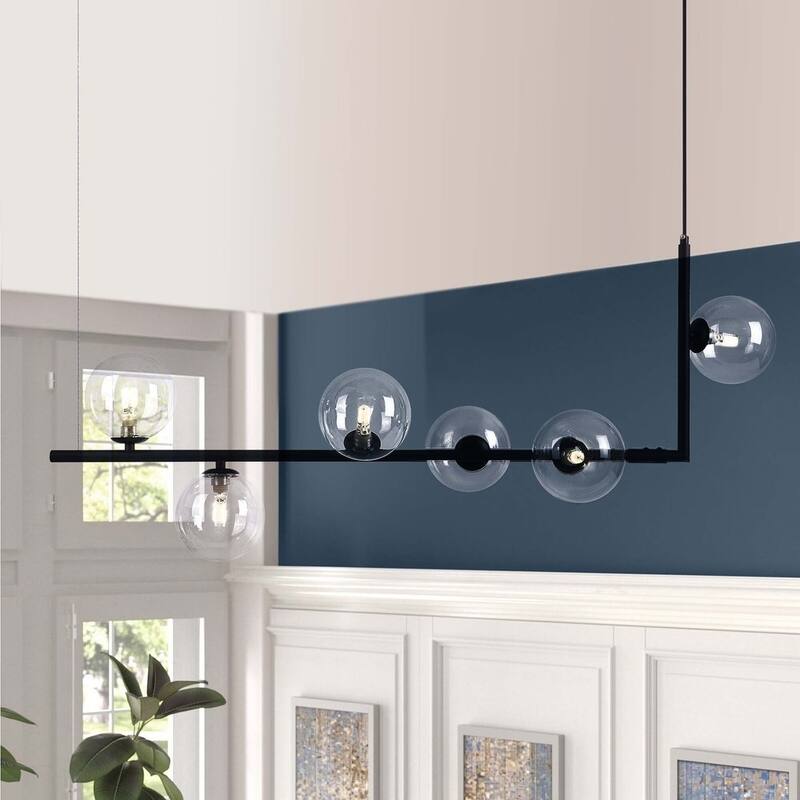 6-Light Modern Black/Gold Linear Sputnik Clear Glass Globe Bubble Chandelier for Kitchen Island