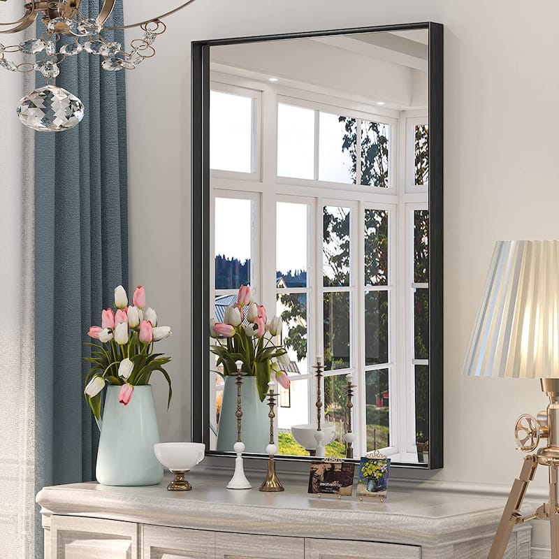 KEONJINN Modern Metal Framed Bathroom Vanity Wall Mounted Mirror - 24x36 - Black