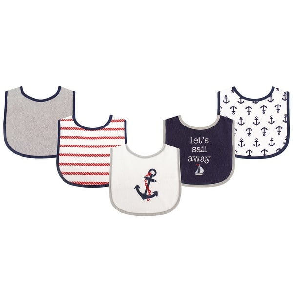 slide 2 of 2, Luvable Friends Baby Boy Cotton Terry Drooler Bibs with PEVA Back 5pk, Boy Nautical, One Size - Boy Nautical - One Size One Size - Boy Nautical
