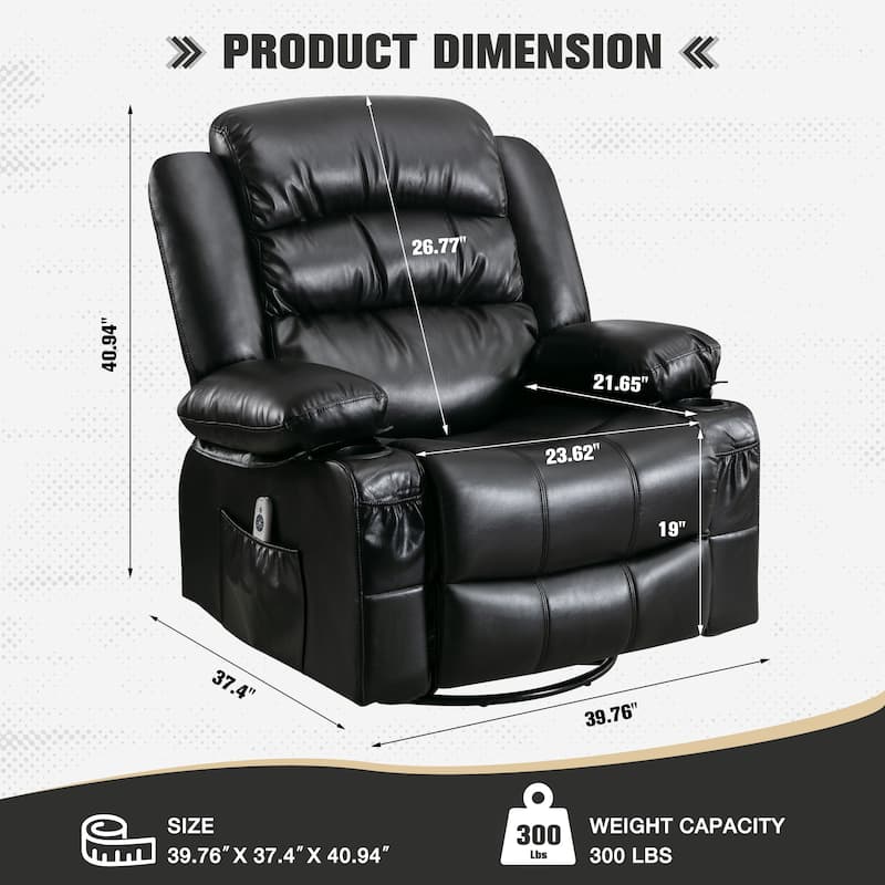 Swivel Recliner Chair with Massage & Heat, Single Sofa with Cup Holders & USB Charge Port, Ergonomic Lounge Sofa Chair