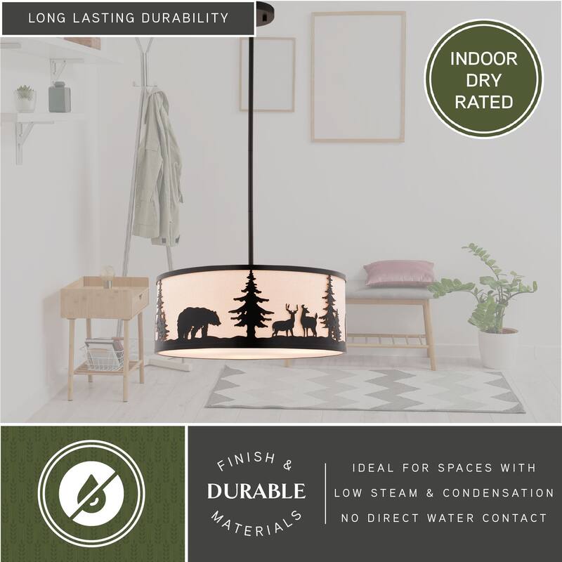 Acadia 3L Bronze Rustic Pendant Light White Linen Bear Deer Tree - 18-in W x 16.75-in H x 18-in D